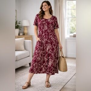 Woman Within Burgundy Floral Midi Dress Plus Size 1X (22/24)